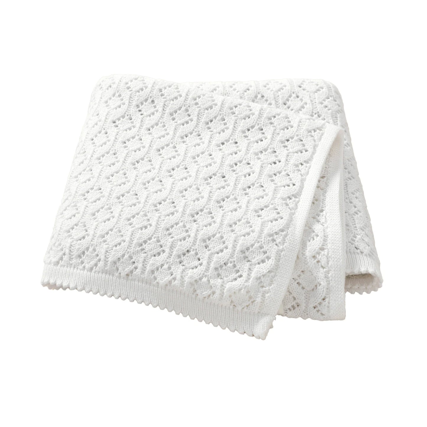 White 100% cotton soft knit baby receiving blanket folded on white background