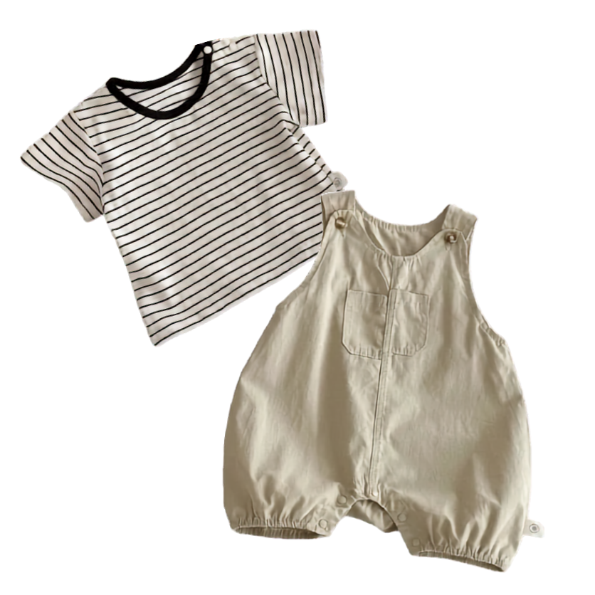 Hamptons Beige baby boy overall jumpsuit and black and white striped t-shirt laid flat side-by-side.
