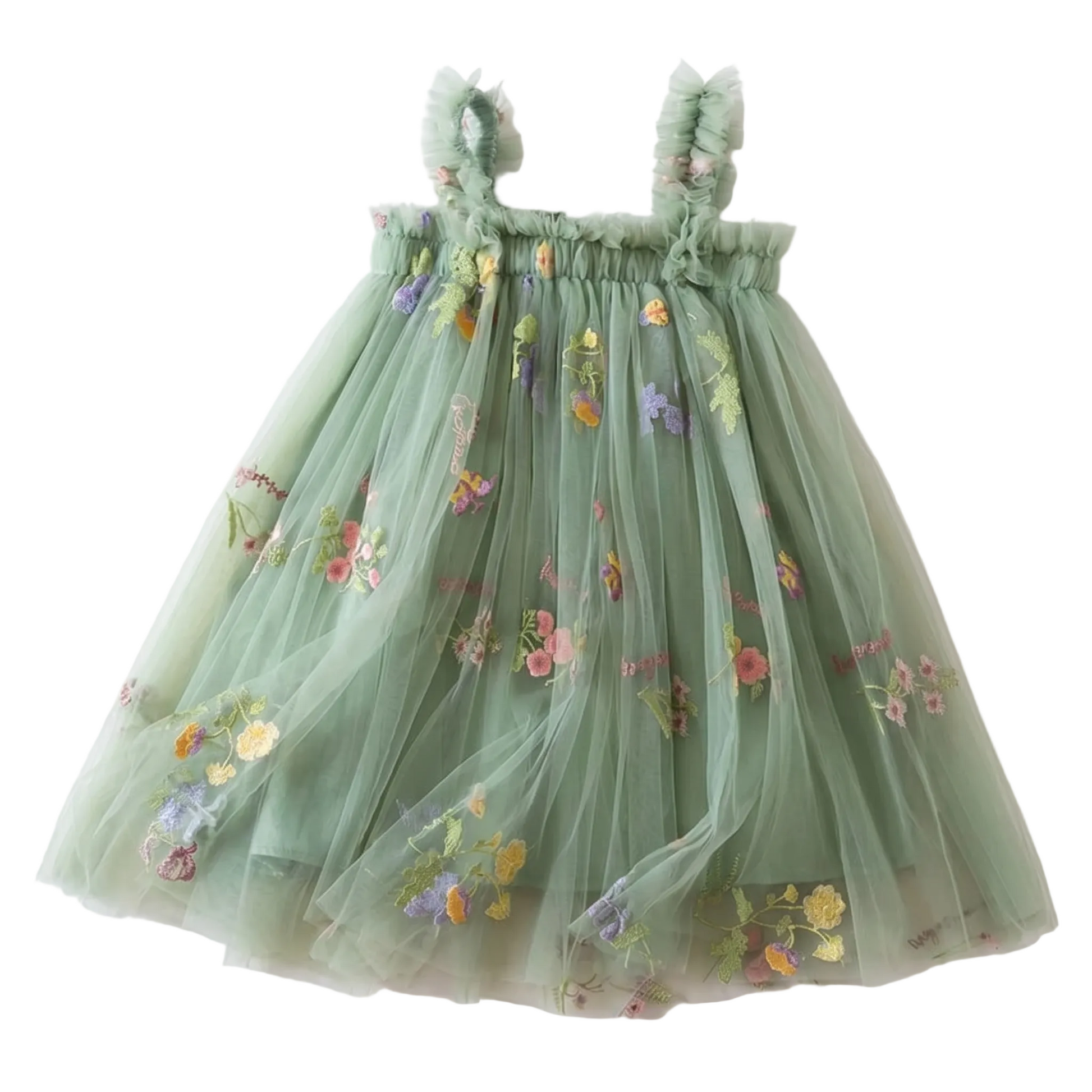 Front view of the 2026 Edition Baby and Toddler Girls Fairy Floral Embroidered Mesh Tutu Dress in Enchanted Sage Green featuring ruffled straps and wildflower embroidery.