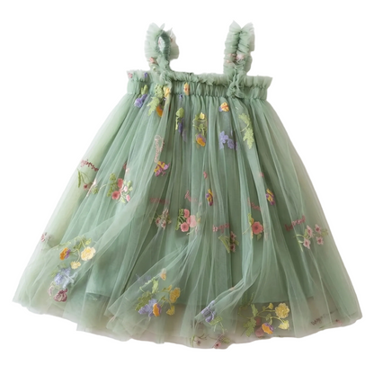 Front view of the 2026 Edition Baby and Toddler Girls Fairy Floral Embroidered Mesh Tutu Dress in Enchanted Sage Green featuring ruffled straps and wildflower embroidery.