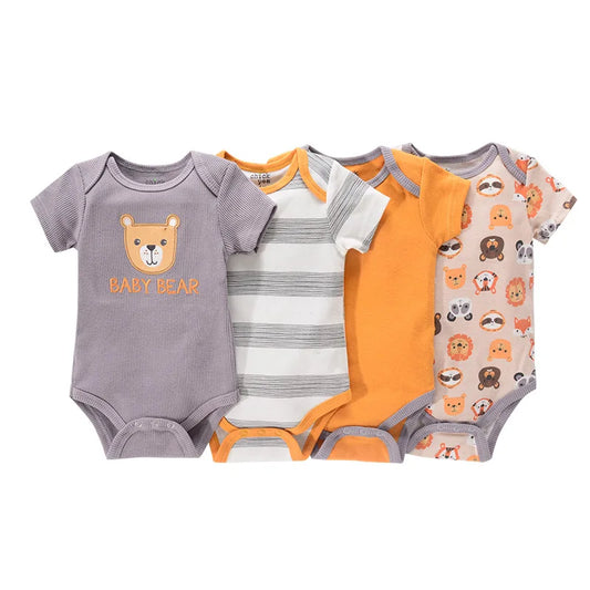 4-piece newborn baby boy cotton bodysuit set in charcoal grey and earth-tone orange featuring "Baby Bear" fox embroidery, bold grey stripes, and a forest animal toss-print.