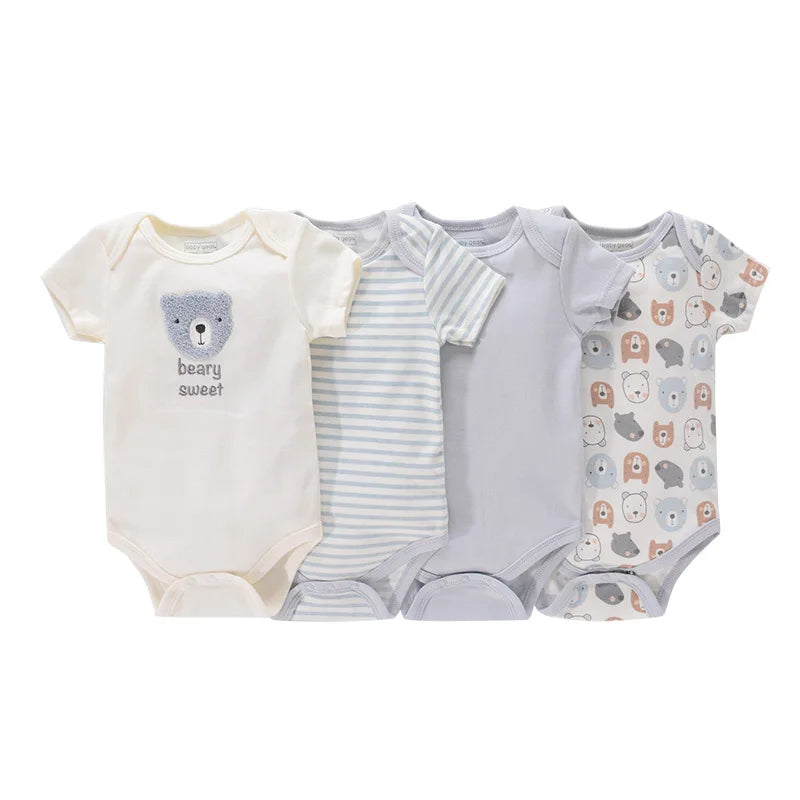 4-pack of baby boy short sleeve rompers in grey and light blue with a "Beary Sweet" plush bear patch, classic stripes, and an all-over bear face pattern.