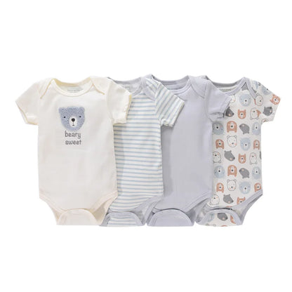 4-pack of baby boy short sleeve rompers in grey and light blue with a "Beary Sweet" plush bear patch, classic stripes, and an all-over bear face pattern.