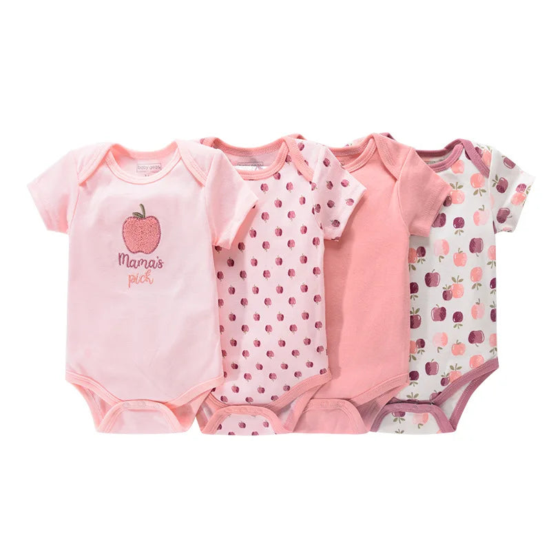 4-pack of baby girl short sleeve rompers in soft pink and mauve with a "Mama's Pick" apple patch and ditsy apple fruit patterns.