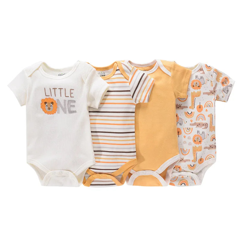 4-piece newborn baby boy cotton bodysuit set in yellow and orange featuring "Little One" lion embroidery, horizontal stripes, and a safari animal print.
