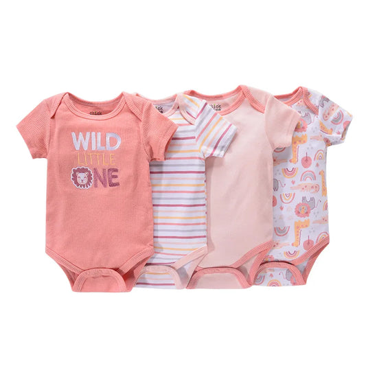 4-piece newborn baby girl cotton bodysuit set in peach and coral featuring "Wild Little One" lion embroidery, multi-colored stripes, and a safari animal print with rainbows.