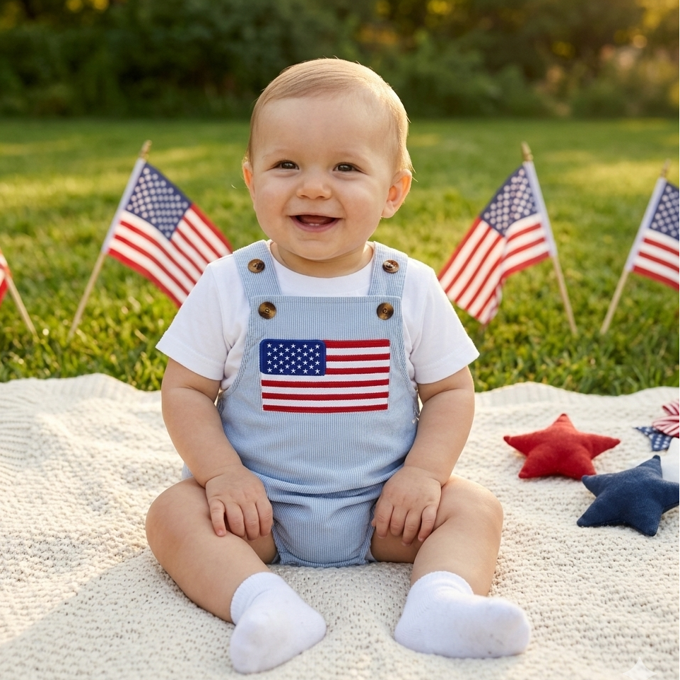 Smiling baby sitting on a picnic blanket outdoors wearing a light blue USA flag patch bubble romper layered over a white t-shirt for a 4th of July outfit.
