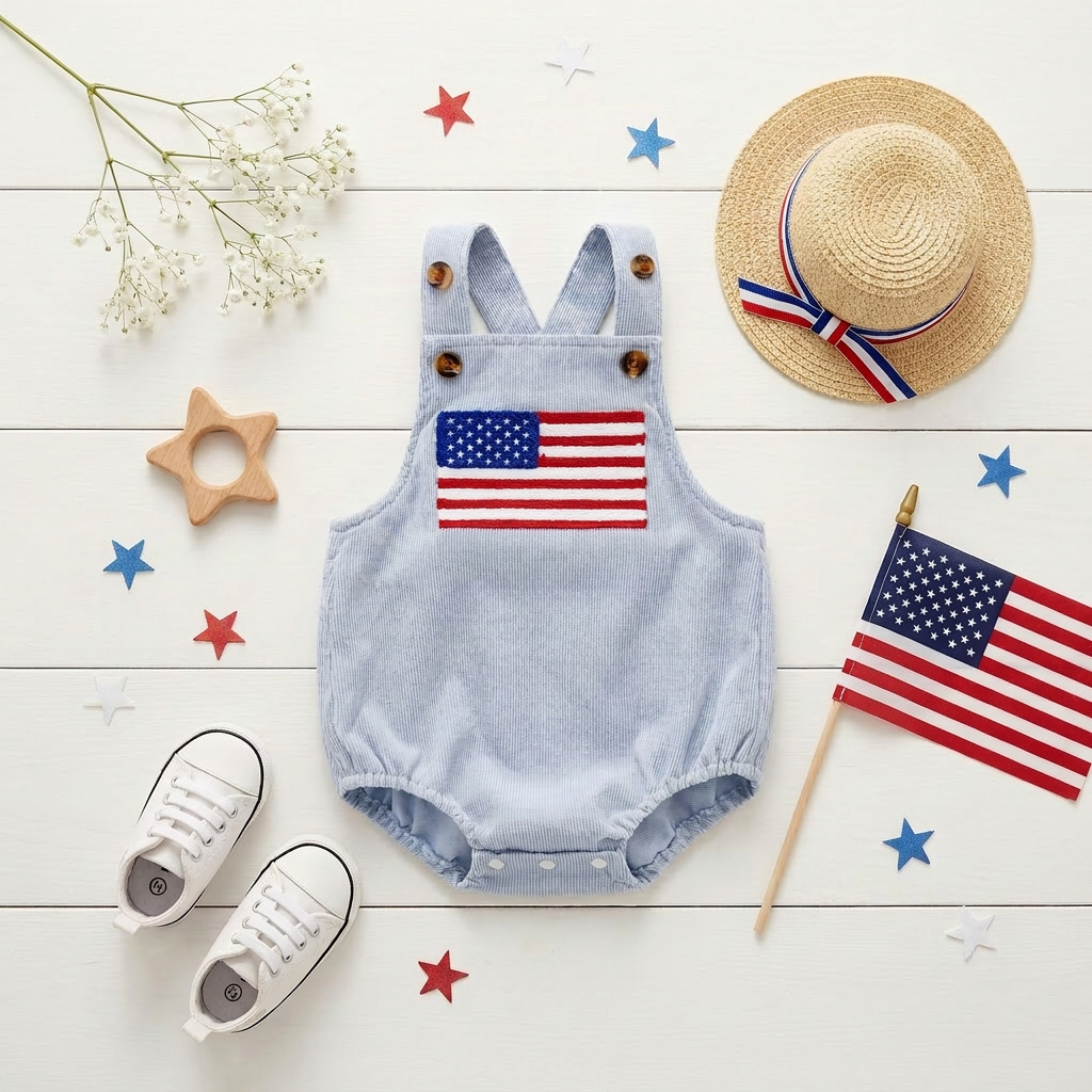 Flat lay view of the baby American flag bubble romper on a white background surrounded by a straw hat, shoes, star decorations, and a mini USA flag.
