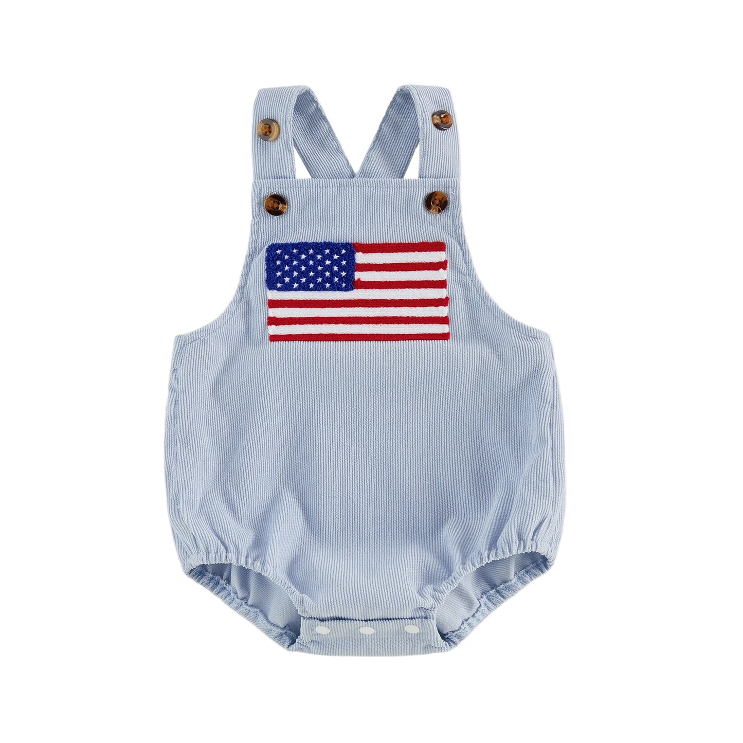 Infant baby light blue sleeveless bubble romper featuring a woven American flag patch across the chest.