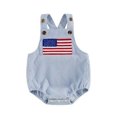 Infant baby light blue sleeveless bubble romper featuring a woven American flag patch across the chest.