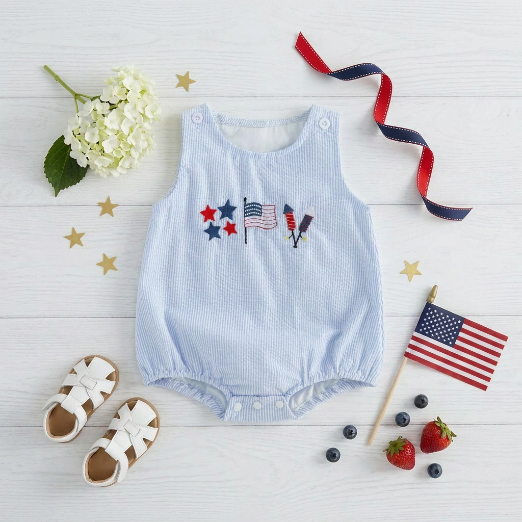 Flat lay of the baby boy 4th of July bubble romper styled with white sandals, a small American flag, and summer berries on a white background.
