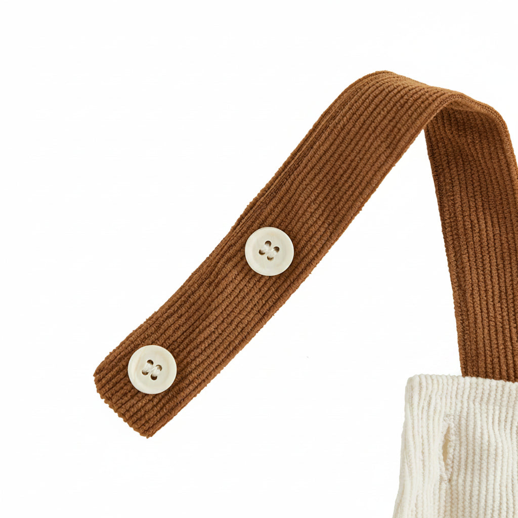 Macro view of the brown ribbed corduroy shoulder strap featuring dual white button adjusters for a grow-with-me fit.