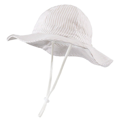 Adjustable khaki striped cotton baby and toddler sun hat featuring a wide brim and breakaway safety chin strap.