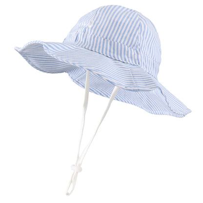 Adjustable light blue striped cotton baby and toddler sun hat featuring a wide brim and breakaway safety chin strap.
