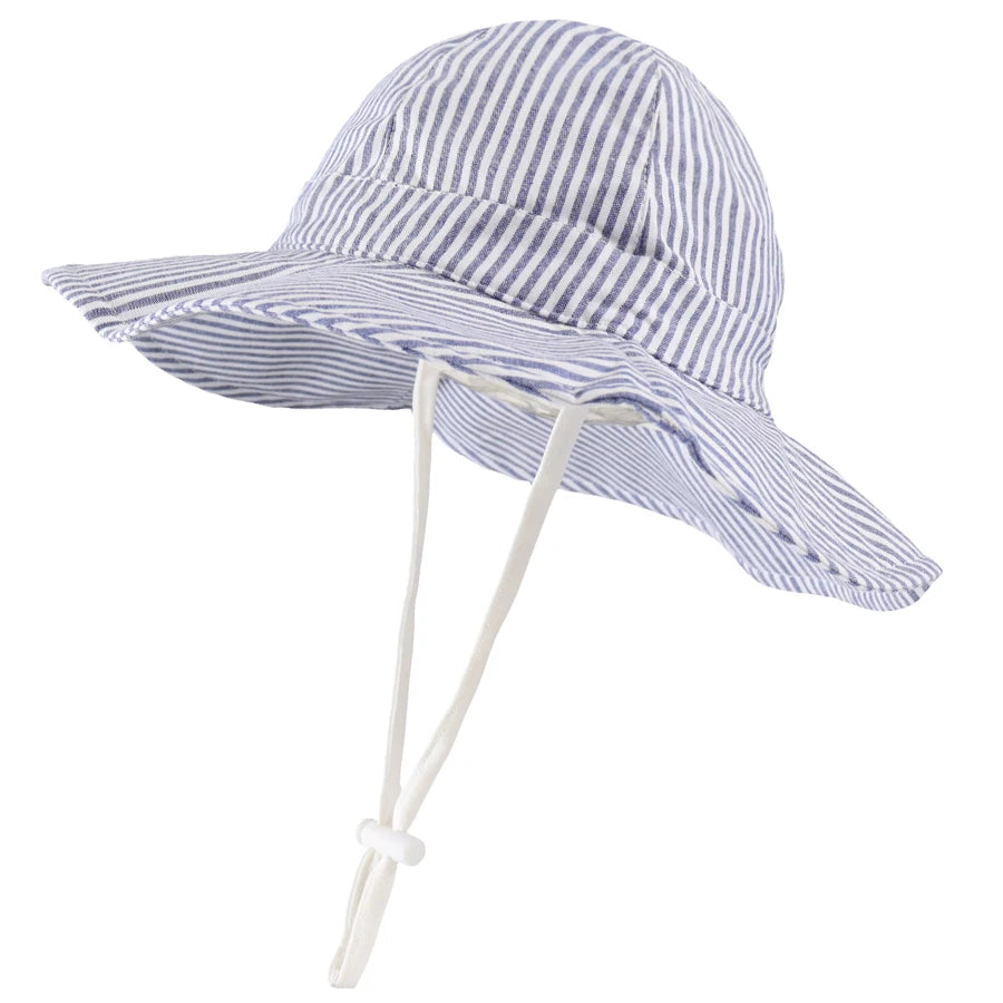 Adjustable navy blue striped cotton baby and toddler sun hat featuring a wide brim and breakaway safety chin strap.