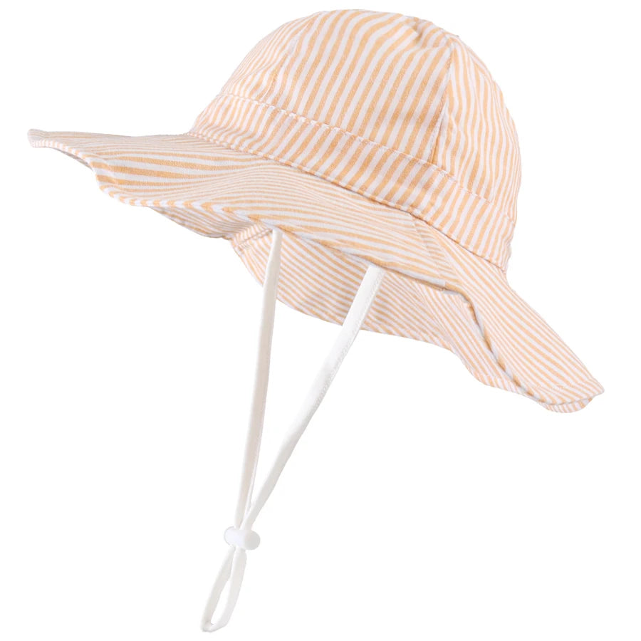 Adjustable orange striped cotton baby and toddler sun hat featuring a wide brim and breakaway safety chin strap.