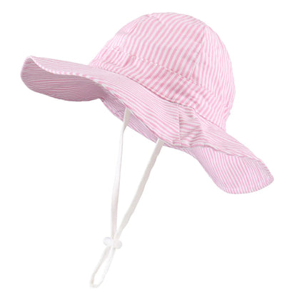 Adjustable pink striped cotton baby and toddler sun hat featuring a wide brim and breakaway safety chin strap.