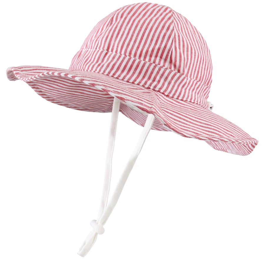 Adjustable red striped cotton baby and toddler sun hat featuring a wide brim and breakaway safety chin strap.