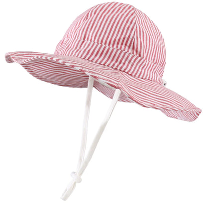 Adjustable red striped cotton baby and toddler sun hat featuring a wide brim and breakaway safety chin strap.