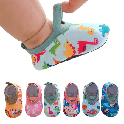 Kidsely collection of kids barefoot water shoes in various patterns including dinosaur, llama, rainbow, and sea fish.