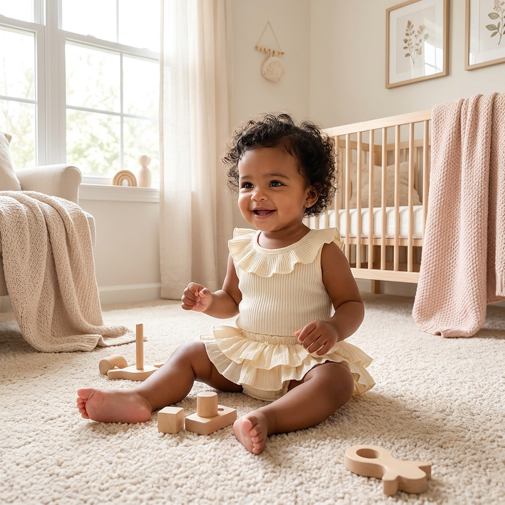 A smiling baby girl wearing the cream Aria ruffled set while sitting on a rug in a neutral-toned, modern boutique nursery.