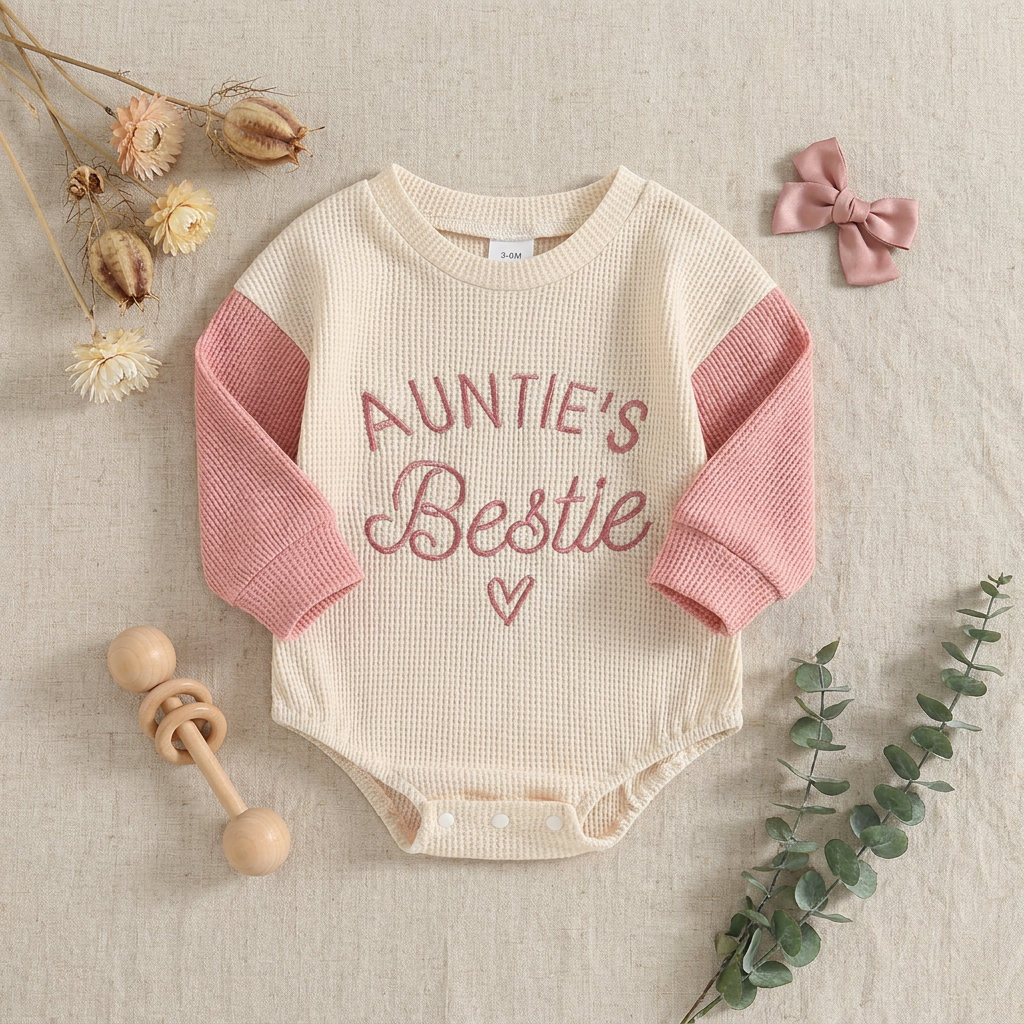 Flat lay of the Auntie's Bestie baby girl bodysuit styled as a gift with a wooden baby rattle, greenery, and a pink hair bow.
