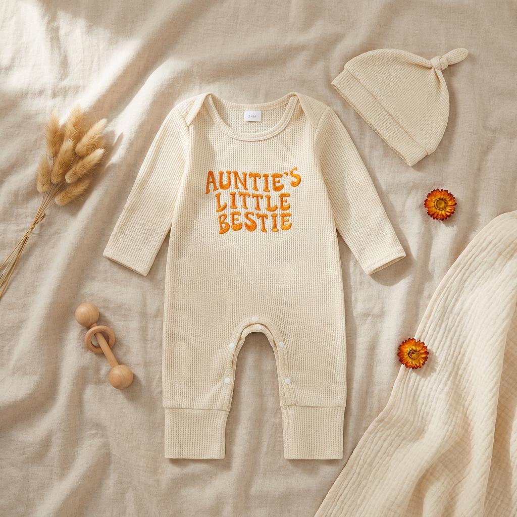 Aesthetic flat lay of the beige "Auntie's Little Bestie" baby romper and hat set resting on a cozy blanket with a wooden baby toy and dried floral decor.