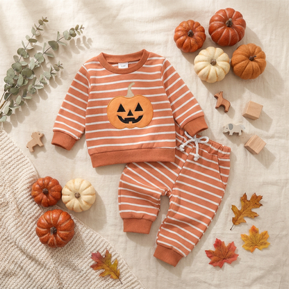 Flat lay of the toddler Halloween pumpkin sweatsuit set arranged on a cozy cream blanket surrounded by decorative mini pumpkins and autumn leaves.