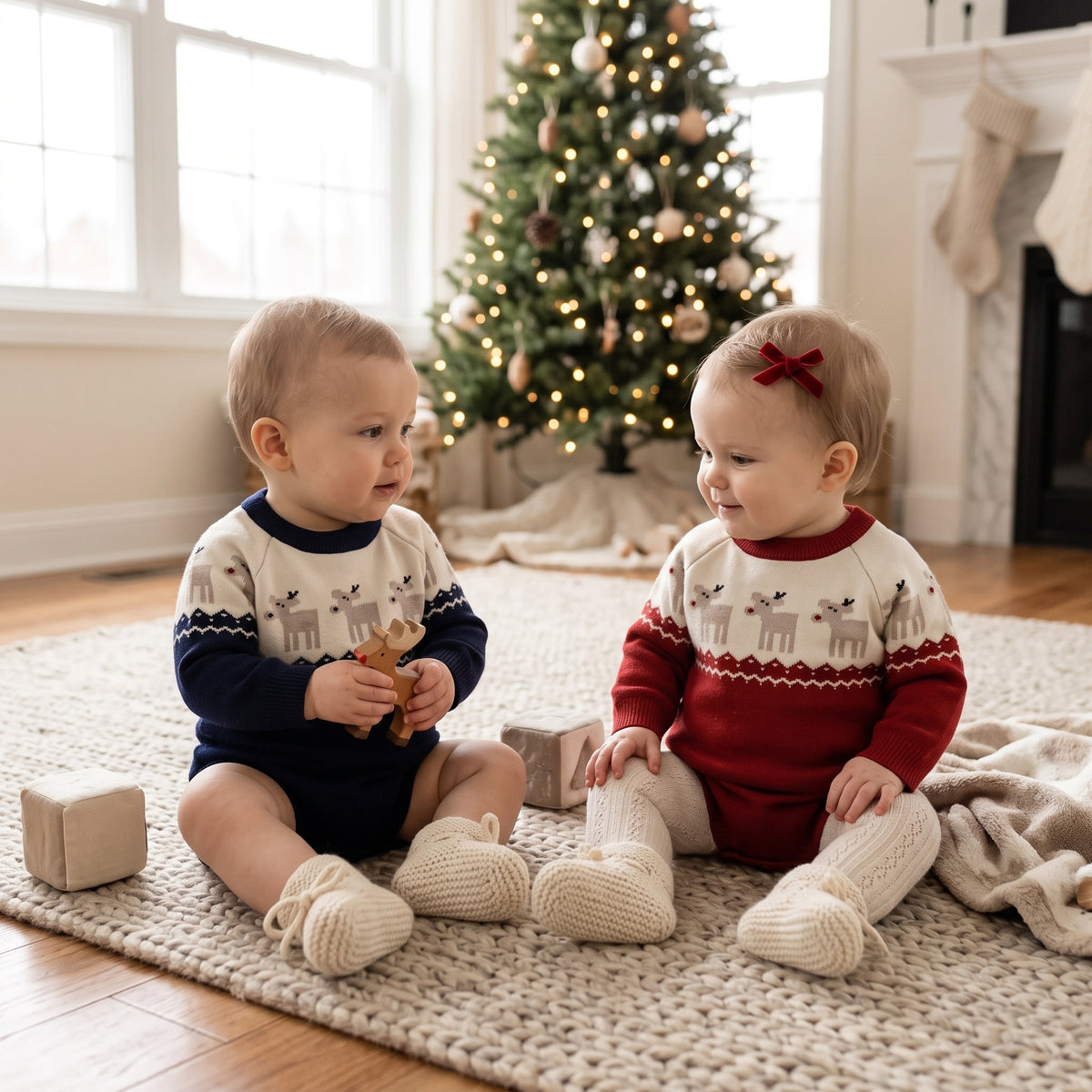 Two babies sitting on a rug in front of a Christmas tree, wearing matching navy and red reindeer knit holiday rompers.