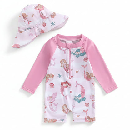 Baby girl mermaid print long sleeve rash guard swimsuit in pink with matching wide-brim neck flap sun hat, infant and toddler sizes 3M to 3T, isolated on a white background.