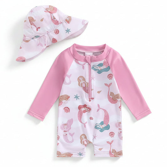 Baby girl mermaid print long sleeve rash guard swimsuit in pink with matching wide-brim neck flap sun hat, infant and toddler sizes 3M to 3T, isolated on a white background.