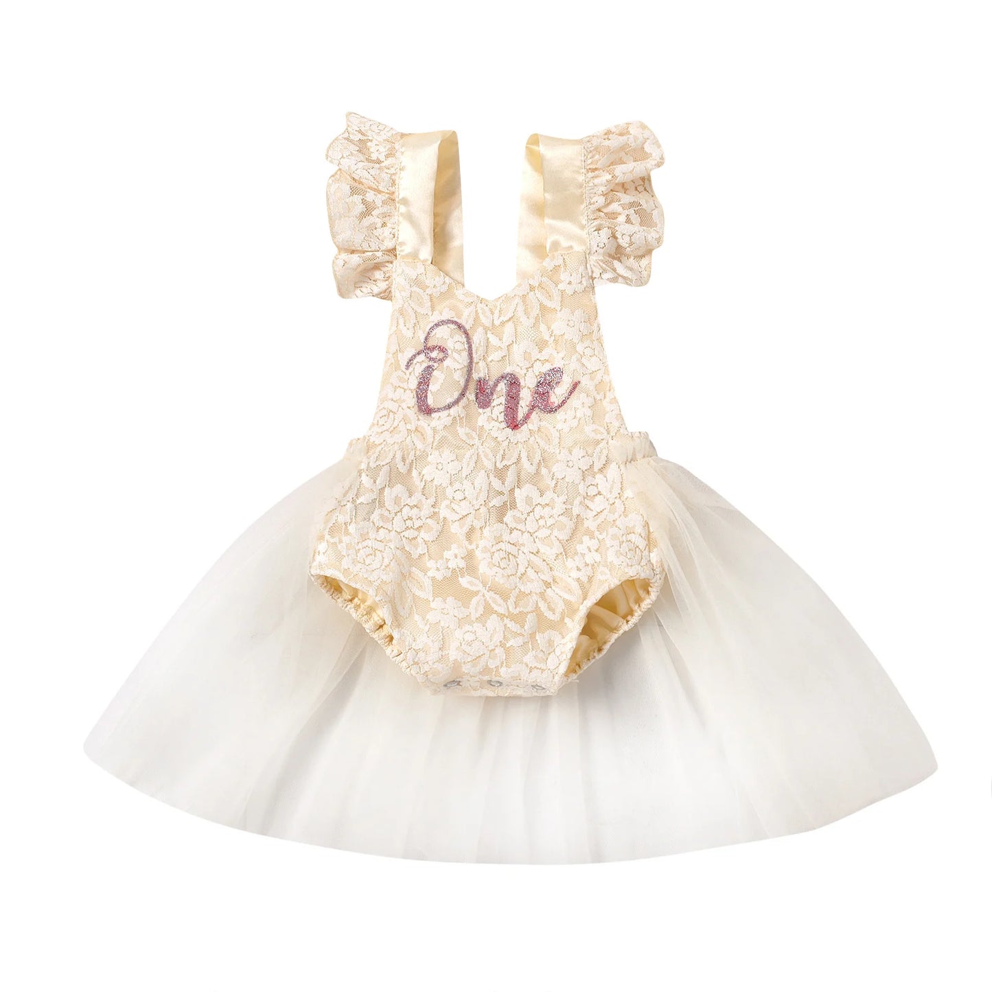 Baby beige fairy-tale birthday tutu romper with soft lace sleeves and back bow closure for 3-24M sizes.