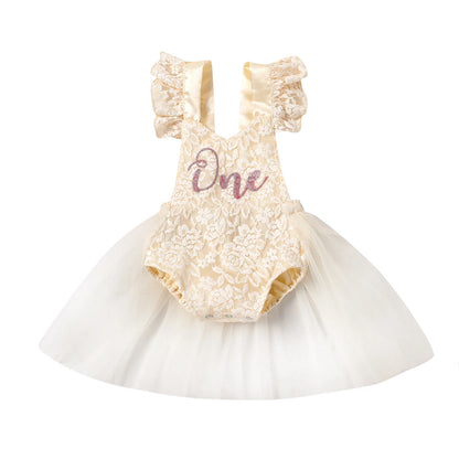 Baby beige fairy-tale birthday tutu romper with soft lace sleeves and back bow closure for 3-24M sizes.