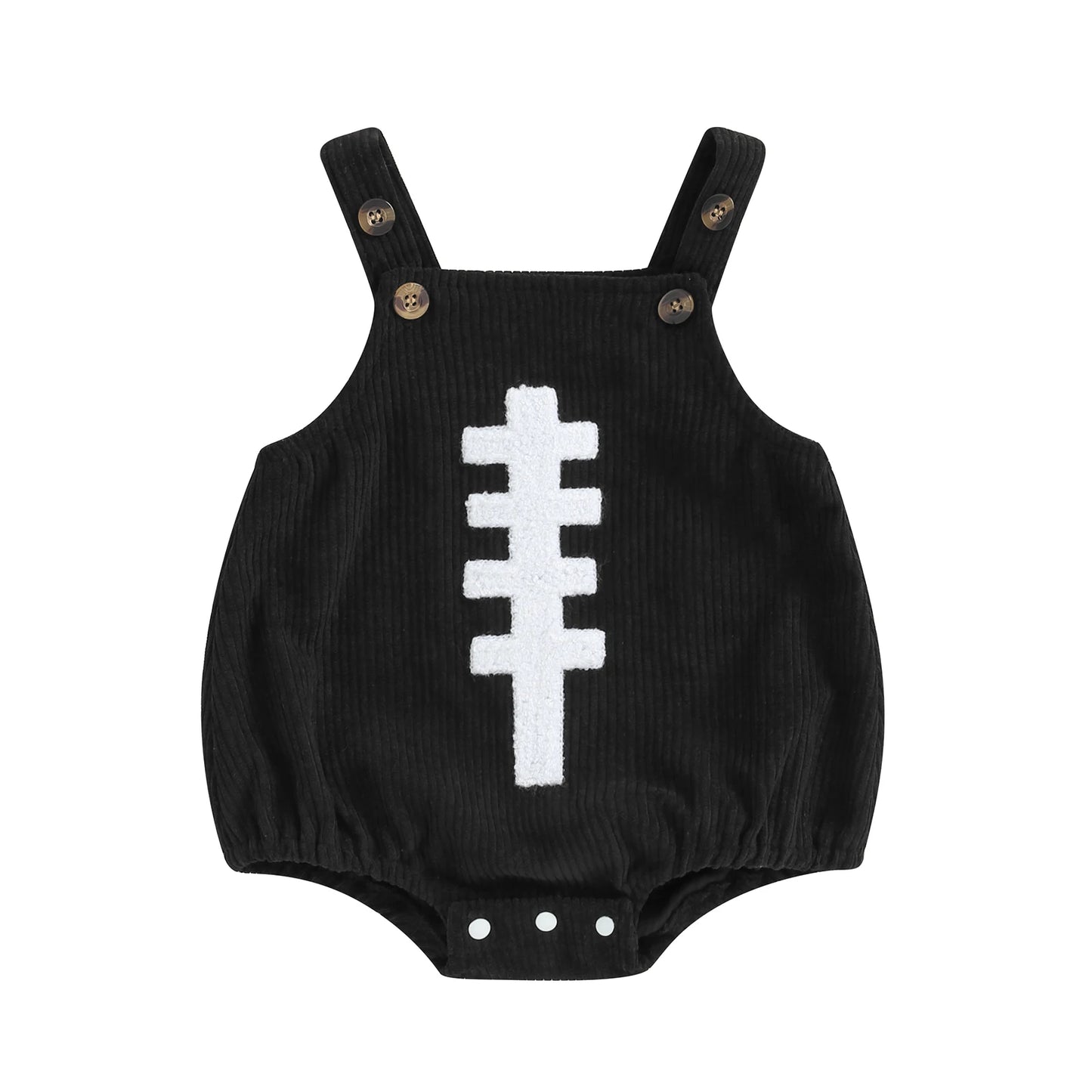 Black baby girl and boy football embroidered corduroy overall bubble romper
