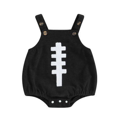 Black baby girl and boy football embroidered corduroy overall bubble romper