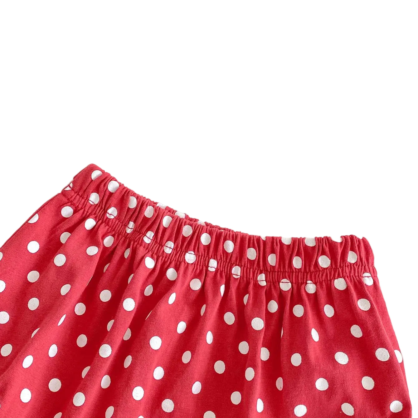 Close-up of the gathered elastic waistband on red polka dot baby bloomers ensuring a secure and soft fit.