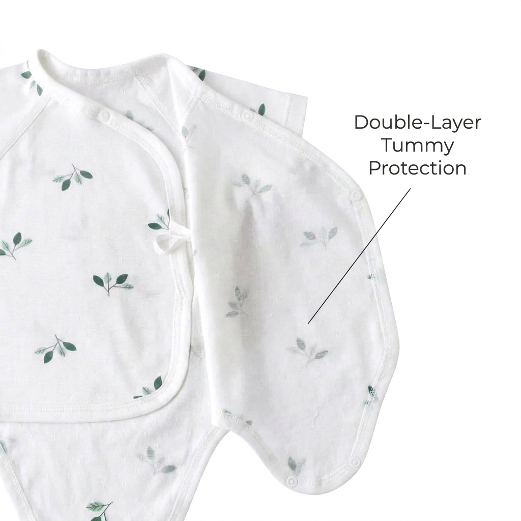 Demonstrating the overlapping kimono panel construction, pointing out the double-layer tummy protection to keep newborns warm.