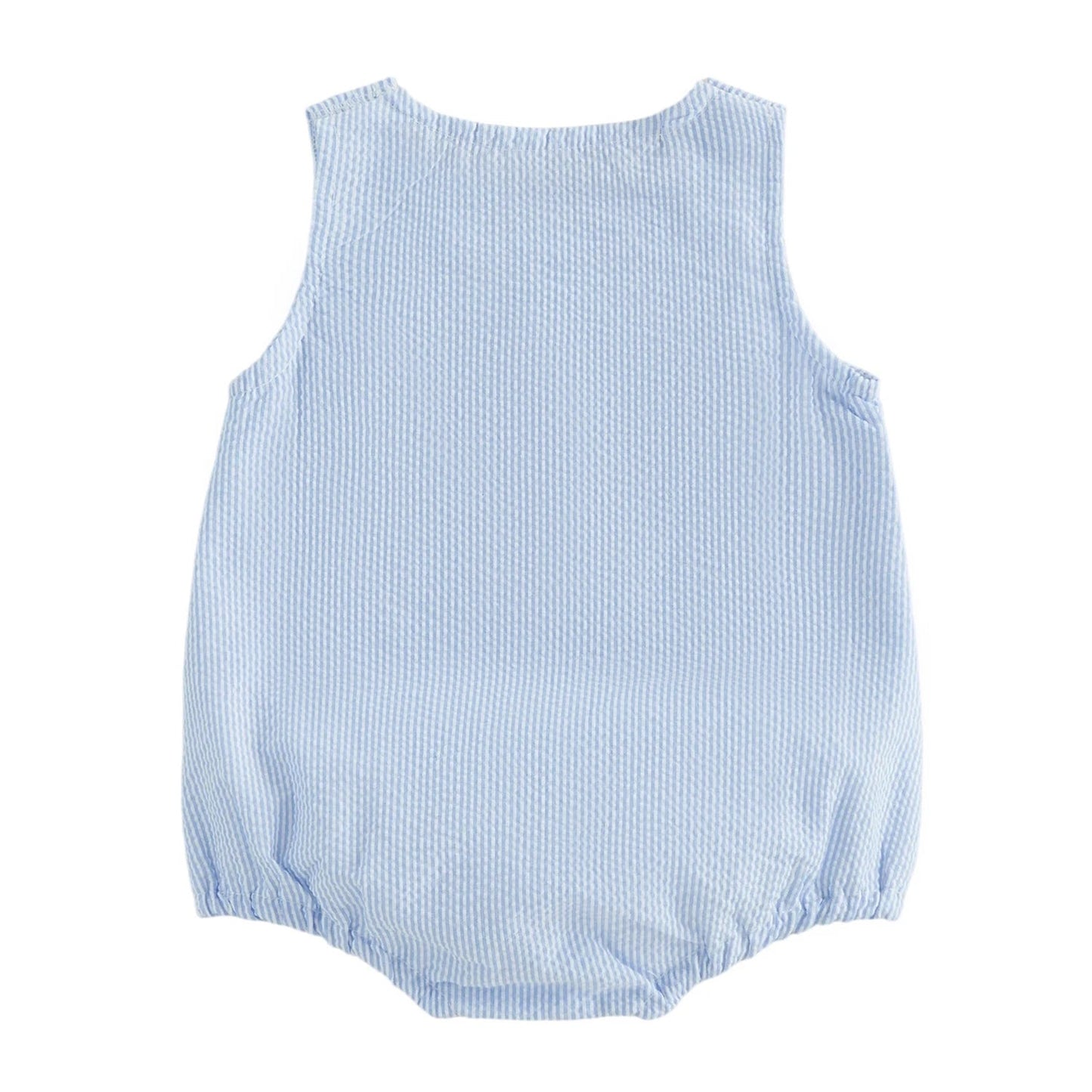 Back view of the sleeveless blue and white striped baby boy bubble romper.