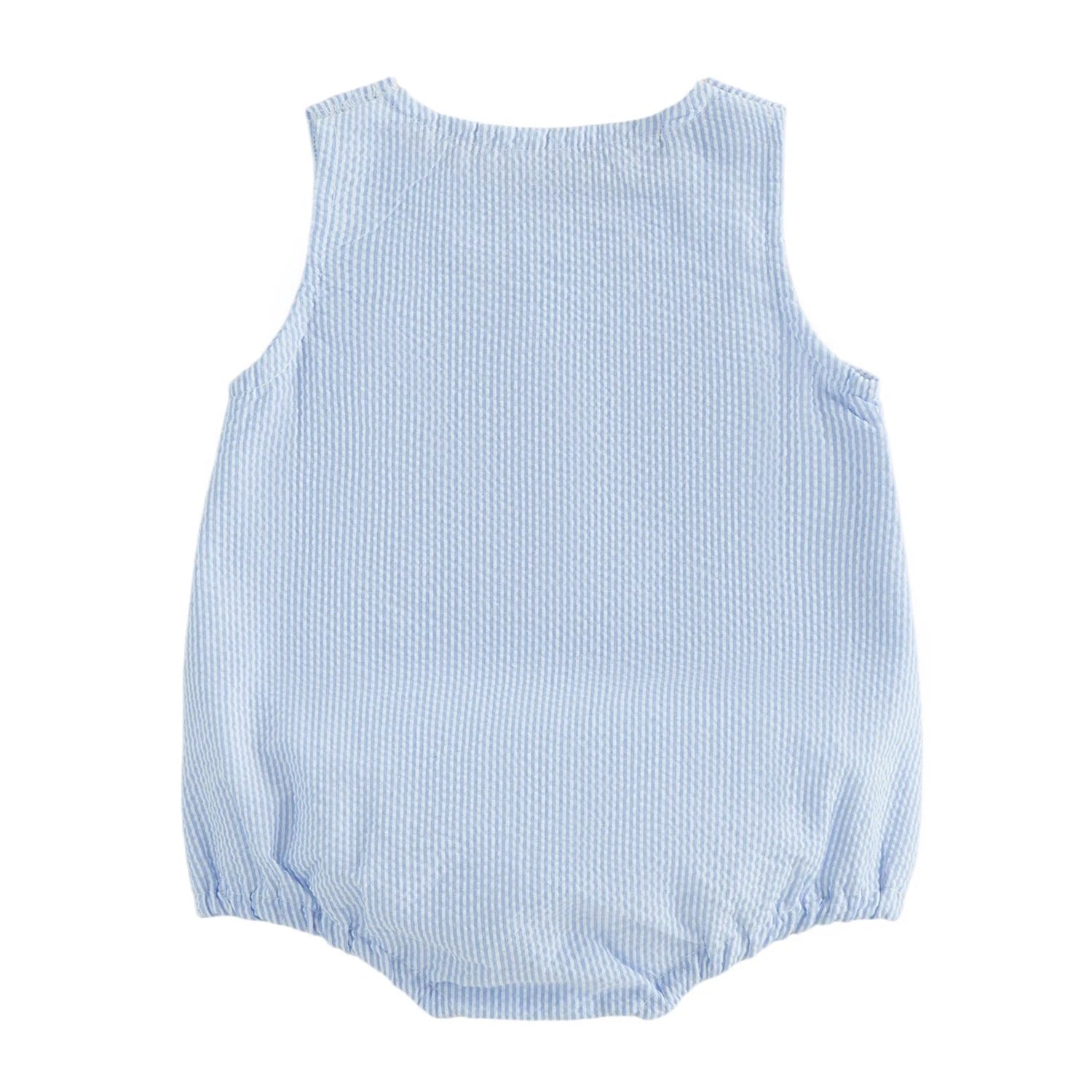Back view of the sleeveless blue and white striped baby boy bubble romper.