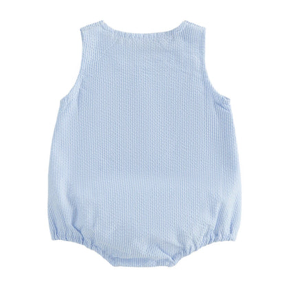 Back view of the sleeveless blue and white striped baby boy bubble romper.