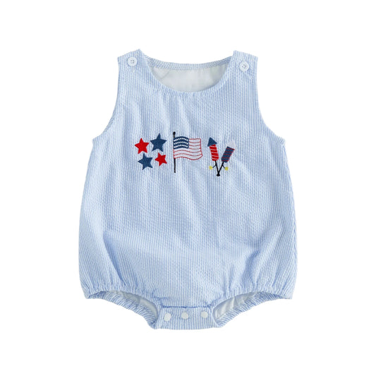 Front view of the baby boy 4th of July blue striped bubble romper with patriotic star, flag, and firecracker embroidery.