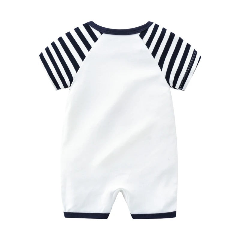 Back view of the baby boy short sleeve baseball romper showing the solid white back and striped raglan sleeves.