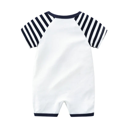 Back view of the baby boy short sleeve baseball romper showing the solid white back and striped raglan sleeves.