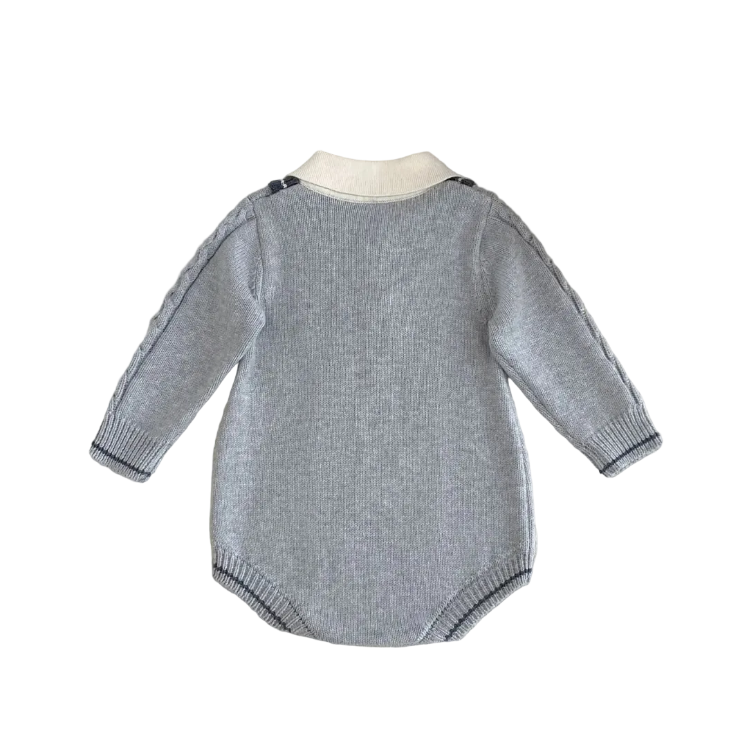 Back view of baby boy vintage-inspired cable knit sweater romper jumpsuit