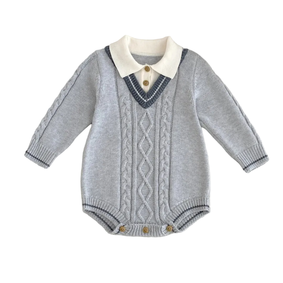 Baby boy cable knit sweater romper with collared polo neckline and long sleeves, front full view