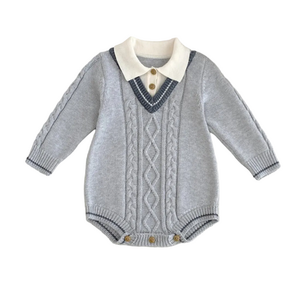 Baby boy cable knit sweater romper with collared polo neckline and long sleeves, front full view
