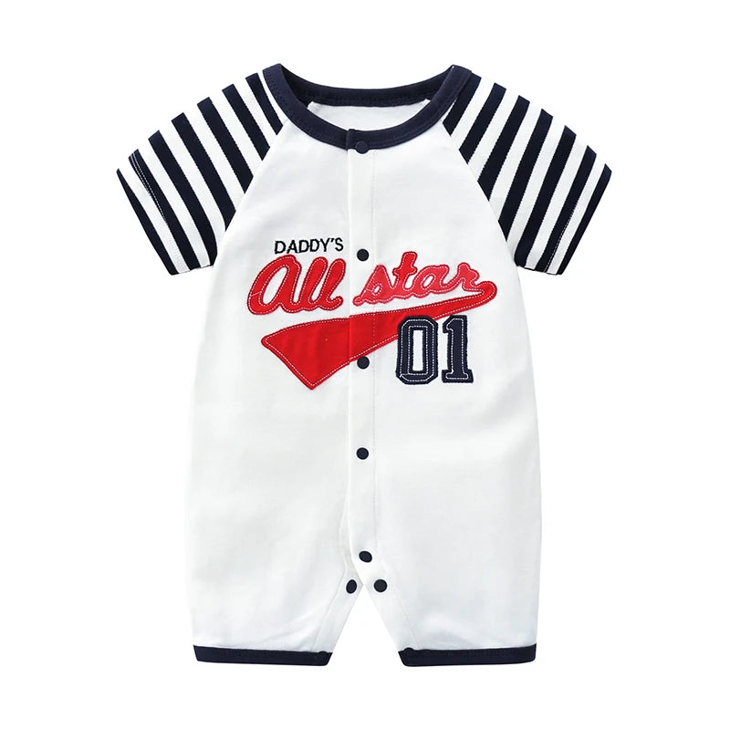 Front view of the Kidsely baby boy cotton baseball romper featuring navy striped sleeves and Daddy's All Star graphic.