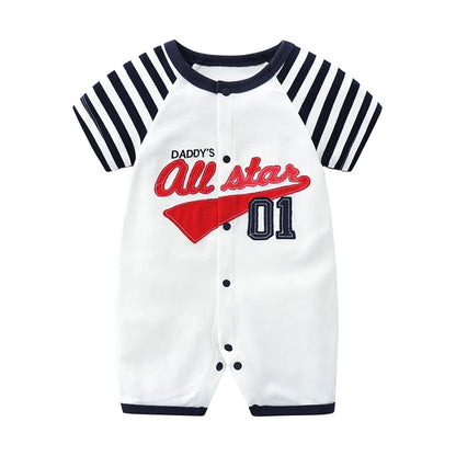 Front view of the Kidsely baby boy cotton baseball romper featuring navy striped sleeves and Daddy's All Star graphic.