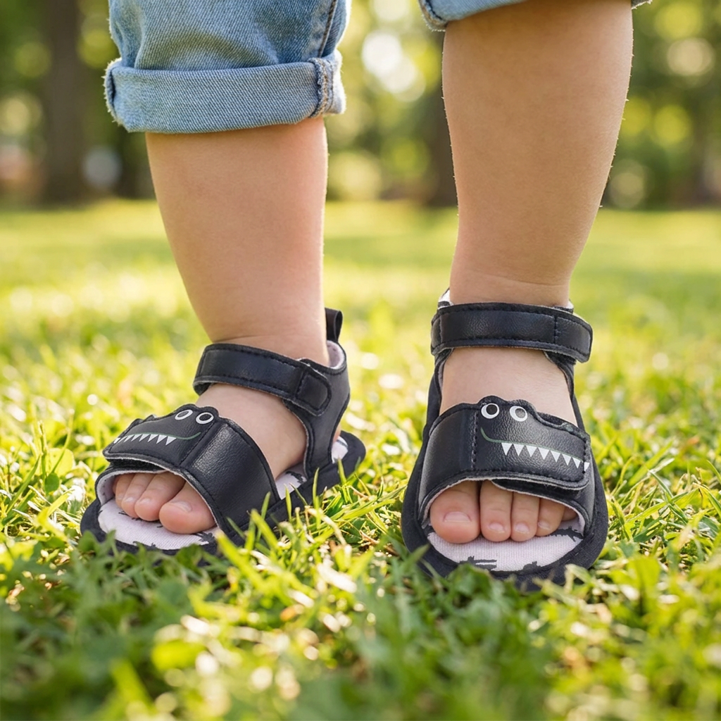 Toddler standing in green grass wearing navy blue crocodile first walker sandals.