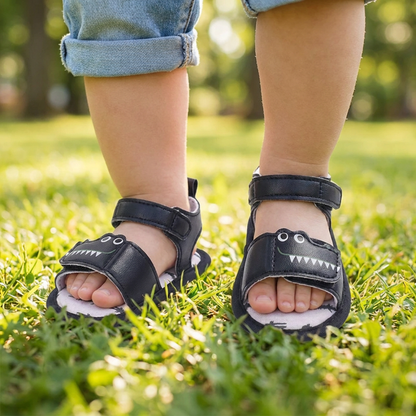 Toddler standing in green grass wearing navy blue crocodile first walker sandals.
